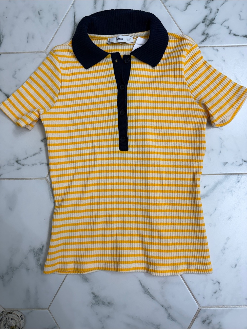 Mango Yellow and White Striped Polo with Navy Collar